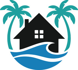 Stylized house with palm trees and ocean waves logo