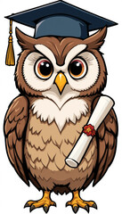 Cartoon Owl Character Wearing Graduation Cap and Gown Holding Diploma Scroll, Academic Mascot for School, University or Education Projects, Isolated on White Background, Vector Illustration