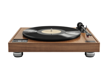 Vintage Turntable Record Player in Wood Grain Black Vinyl Groove Nostalgia Retro Audio on transparent background