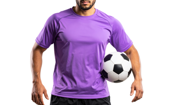 Athlete man purple shirt holding soccer ball isolated transparency background sportswear confident muscular active fitness casual short sleeve adult male competition training exercise healthy - Powered by Adobe