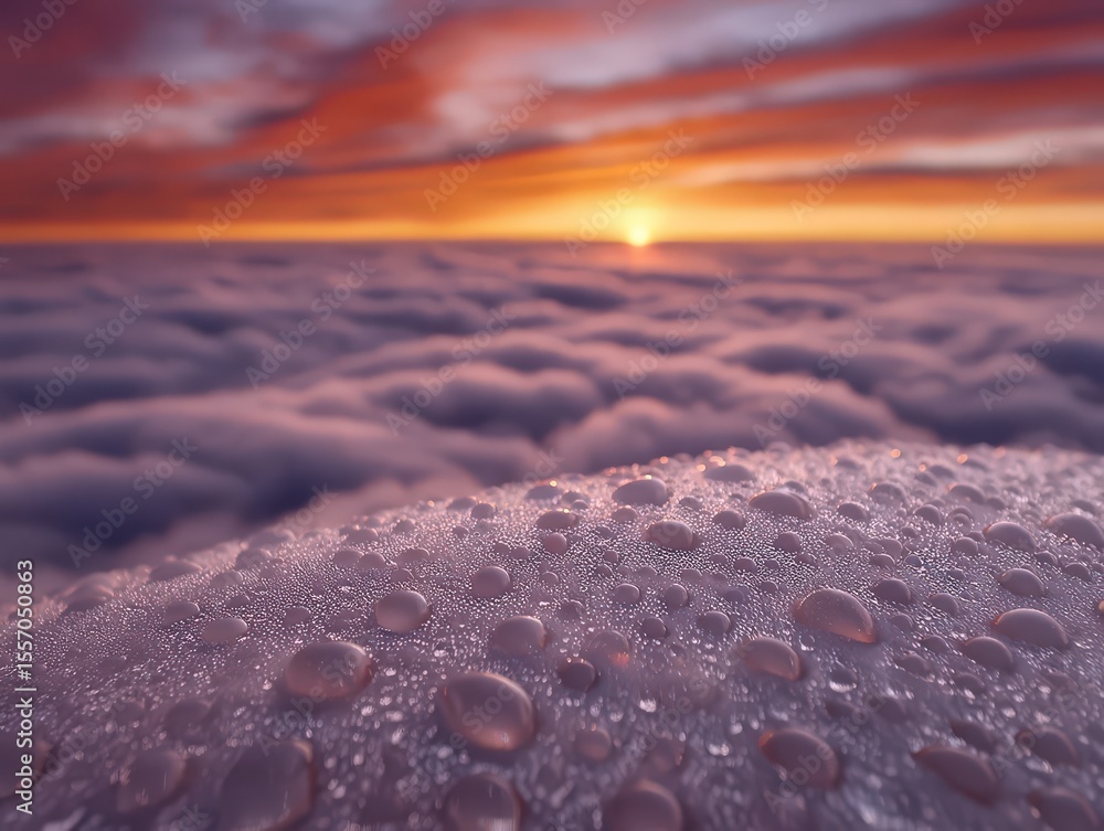 Poster Mesmerizing droplets glisten with reflective light capturing a tranquil sunset above soft clouds creating a serene and ethereal atmosphere in a breathtaking sky