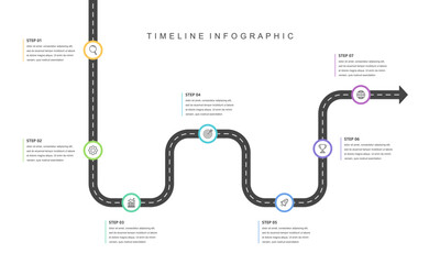 Business road map timeline infographic concept. with icons and 7 steps, workflow layout, diagram, report, web design. Business  Milestone. Vector illustration.