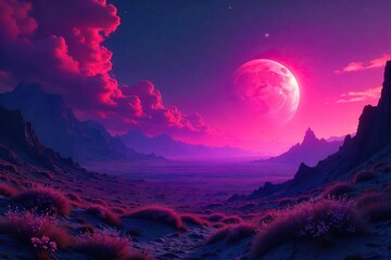 Alien Twilight Bioluminescent Flora Illuminates a Vast Purple and Crimson Plainscape