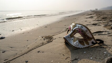 Obraz premium Decorative mask abandoned on sandy beach symbolizing environmental problem 