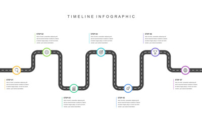 Business road map timeline infographic concept. with icons and 7 steps, workflow layout, diagram, report, web design. Business  Milestone. Vector illustration.