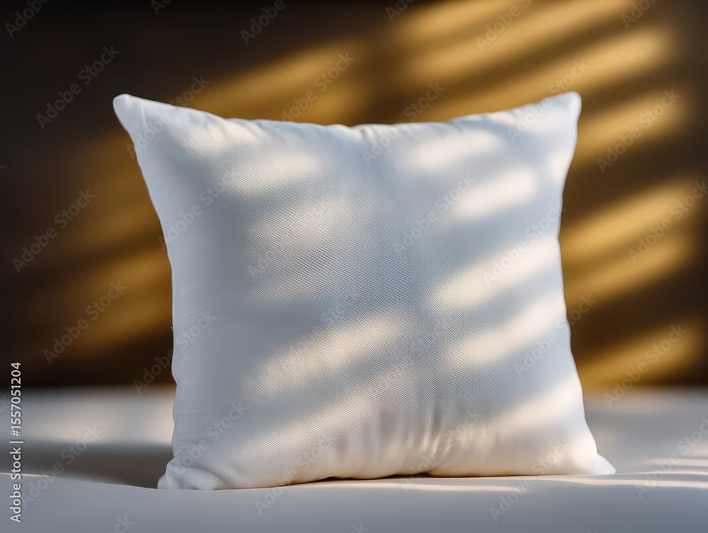 Poster elegant white cushion resting on a minimalist surface illuminated by soft shadows creating a harmoni