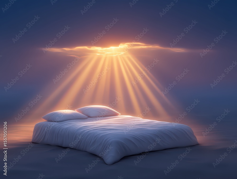 Poster ethereal bed floating serenely in twilight with radiant beams of light illuminating soft linens evok