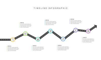 Business road map timeline infographic concept. with icons and 7 steps, workflow layout, diagram, report, web design. Business  Milestone. Vector illustration.