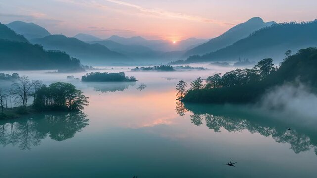 Enchanting Sunrise at Pang Ung Lake: A Beautiful Landscape with Mist, Tranquil Waters, and Scenic Drone Exploration