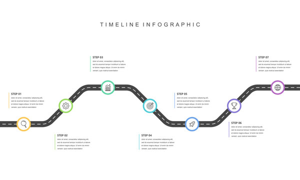 Business road map timeline infographic concept. with icons and 7 steps, workflow layout, diagram, report, web design. Business Milestone. Vector illustration. - Powered by Adobe
