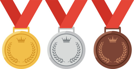 Gold, silver, and bronze medals with red and gray ribbons, angled.