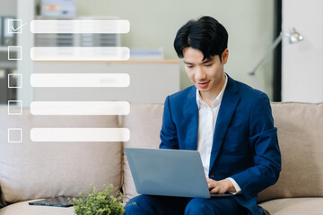 Business performance checklist concept, businessman using tablet and laptop doing online checklist...