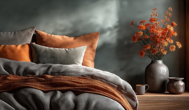 Autumn-inspired vibrant orange and gray bed setting with soft textures, featuring a dark gray wall backdrop for depth and a floral vase adding dynamic contrast to the cool tone, inviting bedroom