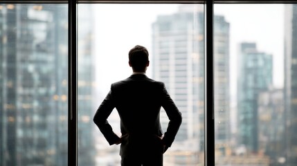 Fototapeta premium Visionary Outlook: An executive gazes thoughtfully through a high-rise window, the cityscape unfolding before him, capturing the essence of leadership, ambition, and strategic thinking.