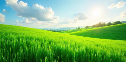 Obraz premium Sunlit Green Fields Stretching to the Horizon A Serene Nature Landscape
