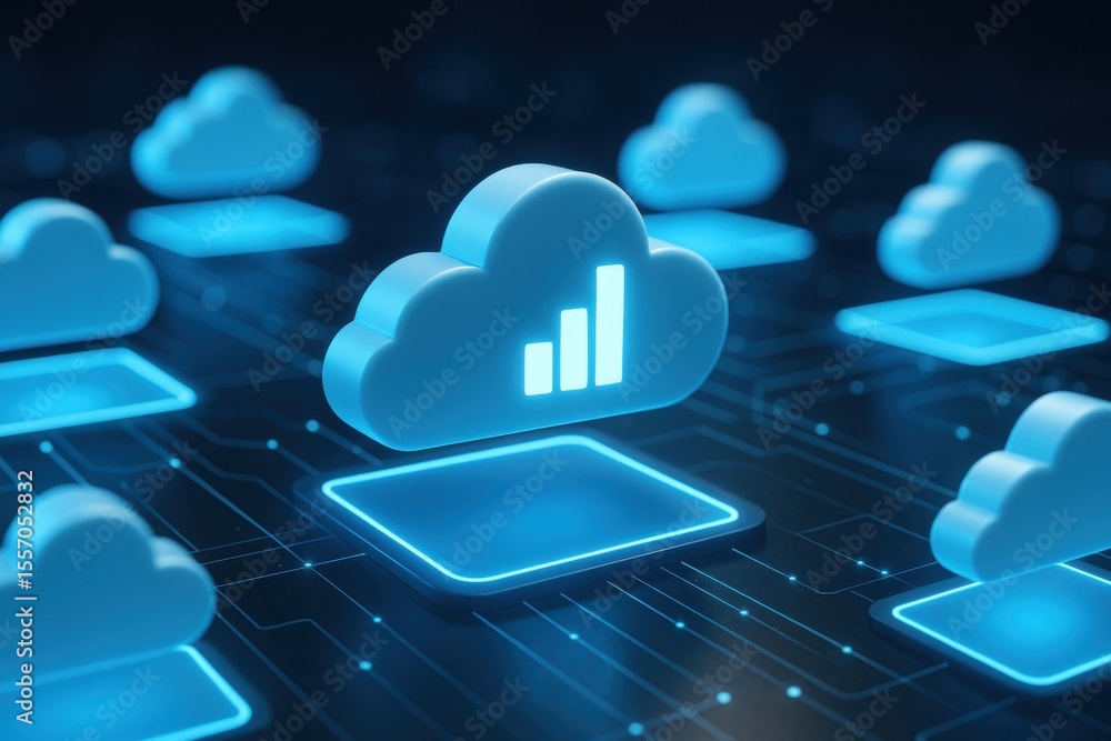 Fototapete Cloud Computing Network:  A futuristic depiction of a cloud computing network, showcasing interconnected data centers and cloud servers.  The image symbolizes data storage, processing.