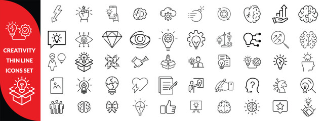 Creativity thin line icons set. Idea, creative solution and thinking, innovation icon. Editable stroke. Vector illustration, big icon set 