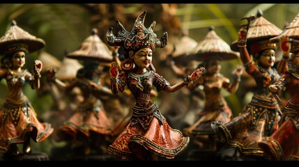 Enchanting miniature statues of Balinese dancers, intricate details showcase Indonesian culture and artistic heritage of Bali.