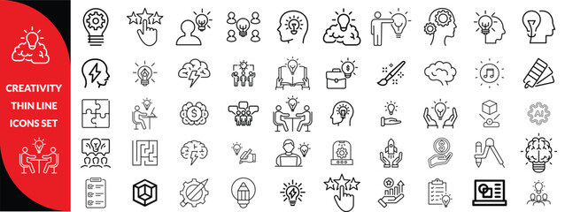 Creativity thin line icons set. Idea, creative solution and thinking, innovation icon. Editable stroke. Vector illustration, big icon set 