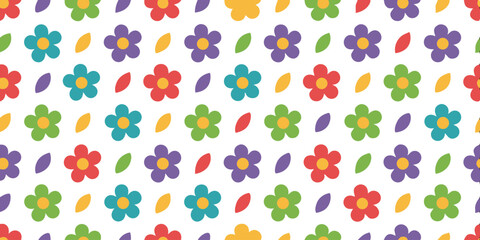 Colorful Floral Pattern: A bright and cheerful seamless pattern featuring a repeating design of vibrant flowers and leaf-like elements.
