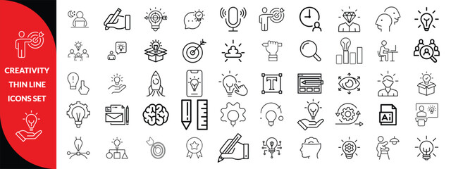 Creativity thin line icons set. Idea, creative solution and thinking, innovation icon. Editable stroke. Vector illustration, big icon set 