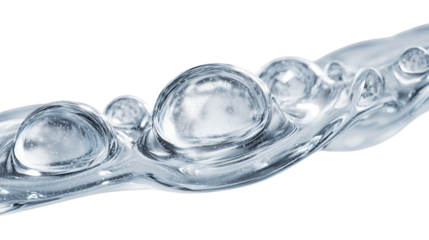 Drops of facial toner with light refraction and water ripple texture, transparent finish, white background, PNG