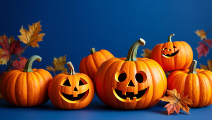 Obraz premium Carved Orange Pumpkins with Smiling Faces and Autumn Leaves on Blue Background