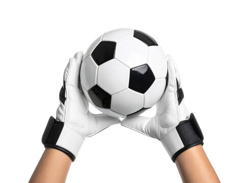 Goalkeeper glove soccer ball hand black white sport catch equipment Confident goalkeeper hands wearing white gloves catching black and white soccer ball isolated transparency background showing