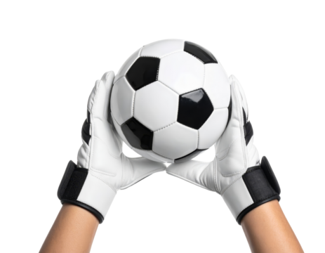 Goalkeeper glove soccer ball hand black white sport catch equipment Confident goalkeeper hands wearing white gloves catching black and white soccer ball isolated transparency background showing