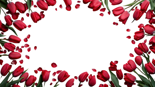 Red tulip flower border arrangement isolated on white background
