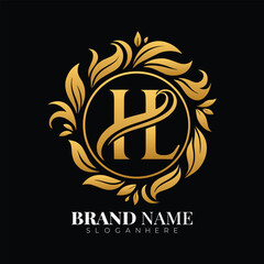 Elegant gold hl monogram logo with floral wreath and brand name placeholder