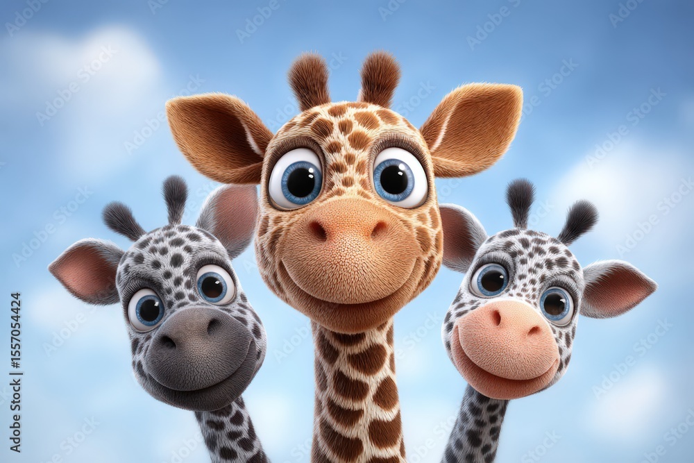Poster cheerful characters of a playful giraffe trio with oversized expressive eyes creating a charming and