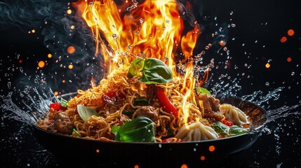 Flaming noodles and dumplings in a wok.