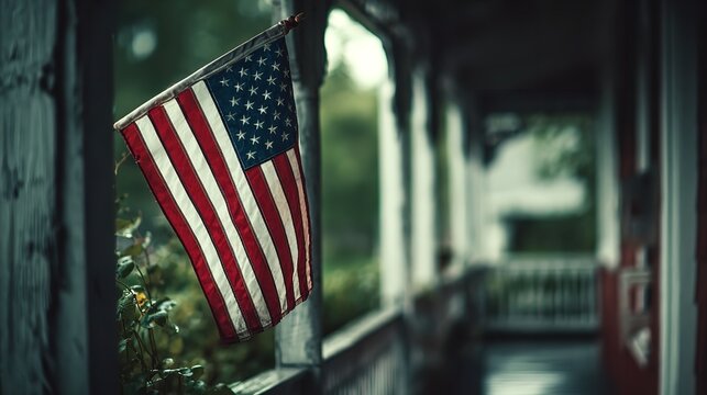 American flag softly waving on a porch evoking patriotism community pride somber reflection slightly blurred bokeh muted