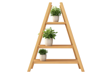 Wooden Ladder Shelf Displaying Green Potted Plants Indoor Gardening Home Decor Ideas on transparent background