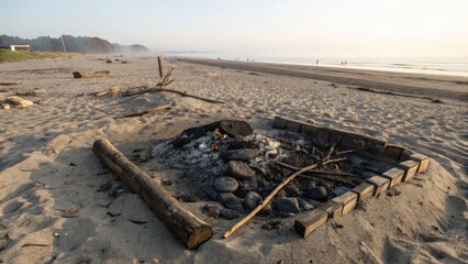 Beach fire pit surrounded by sand and logs at sunrise, concept of nature of environmental problem  