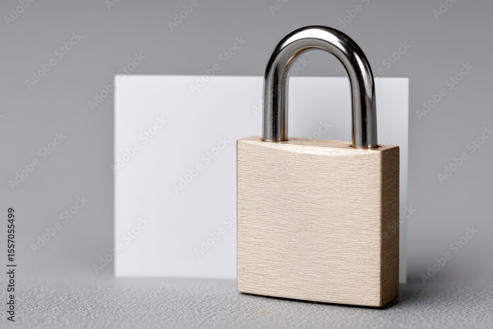 Poster conceptual representation of security and privacy with a metallic padlock positioned next to blank p