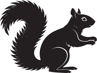 Silhouette of a squirrel with a bushy tail standing on hind legs in clean flat vector style, minimal wild animal icon design isolated on white background in transparent PNG format