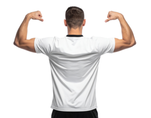 Athletic man white shirt flexing muscles back view confident strong short hair casual isolated studio