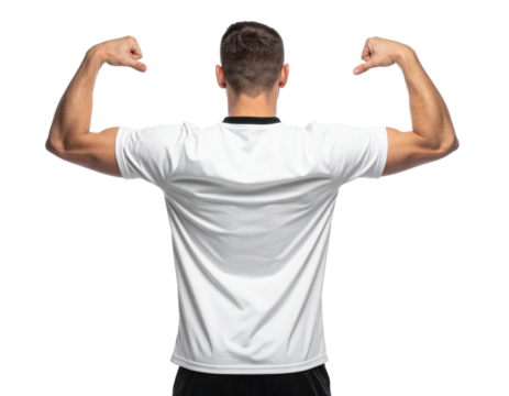 Athletic man white shirt flexing muscles back view confident strong short hair casual isolated studio