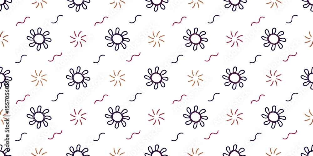 Aufkleber floral pattern: a seamless vector pattern of stylized floral elements and sunbursts, rendered in a c