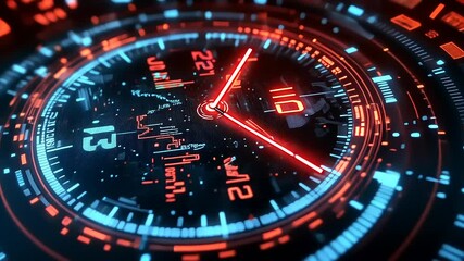 Futuristic digital clock displaying time and data with vibrant neon colors in a tech-inspired setting - Powered by Adobe