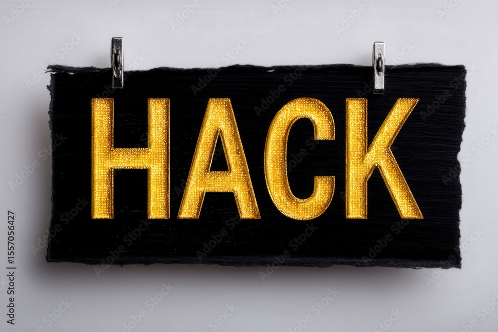 Poster illuminated golden sign displaying the word hack on a textured black background symbolizing innovati