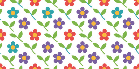 Floral Cascade: An enchanting pattern of colorful flowers and verdant leaves cascade across a pristine backdrop, symbolizing the arrival of spring. 