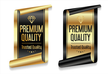 A luxurious and modern Premium Quality badge design featuring a stylish gold and black color palette on a clean white background