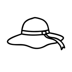 Wide Brimmed Sun Hat with Ribbon Black Outline Icon Vector