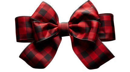 A festive red and black plaid bow presents a classic holiday or Christmas decoration with its satin fabric and elegant shape transparent.