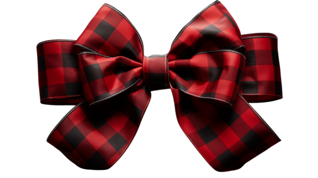 A festive red and black plaid bow presents a classic holiday or Christmas decoration with its satin fabric and elegant shape transparent.