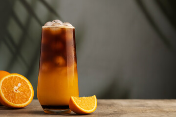 Iced bumble coffee on the left, copy space on the right. Refreshing drink with espresso, caramel...
