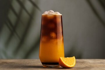 Iced bumble coffee in the center Refreshing drink with espresso, caramel syrup and freshly squeezed...